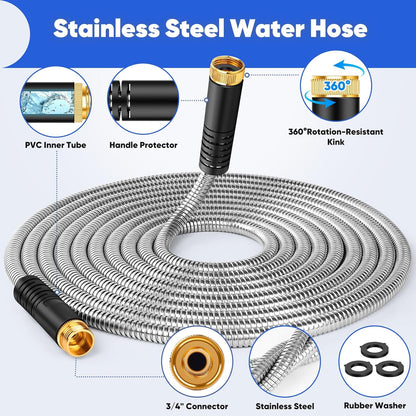 Garden Hose 25ft, Stainless Steel Metal Water Hose with 10 Function Nozzle, Lightweight Hose, No Kink, Leak-proof, Puncture Resistant for Yard, Outdoor, RV