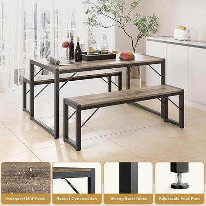 Gizoon 45.5" Dining Table Set for 4 with 2 Benches, Kitchen Table Set with Metal Frame & MDF Board, Space-Saving Dinette for Kitchen, Dining Room -Grey