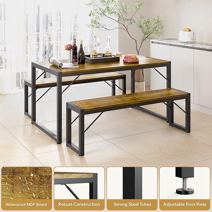 Gizoon 45.5" Dining Table Set for 4 with 2 Benches, Kitchen Table Set with Metal Frame & MDF Board, Space-Saving Dinette for Kitchen, Dining Room -Retro