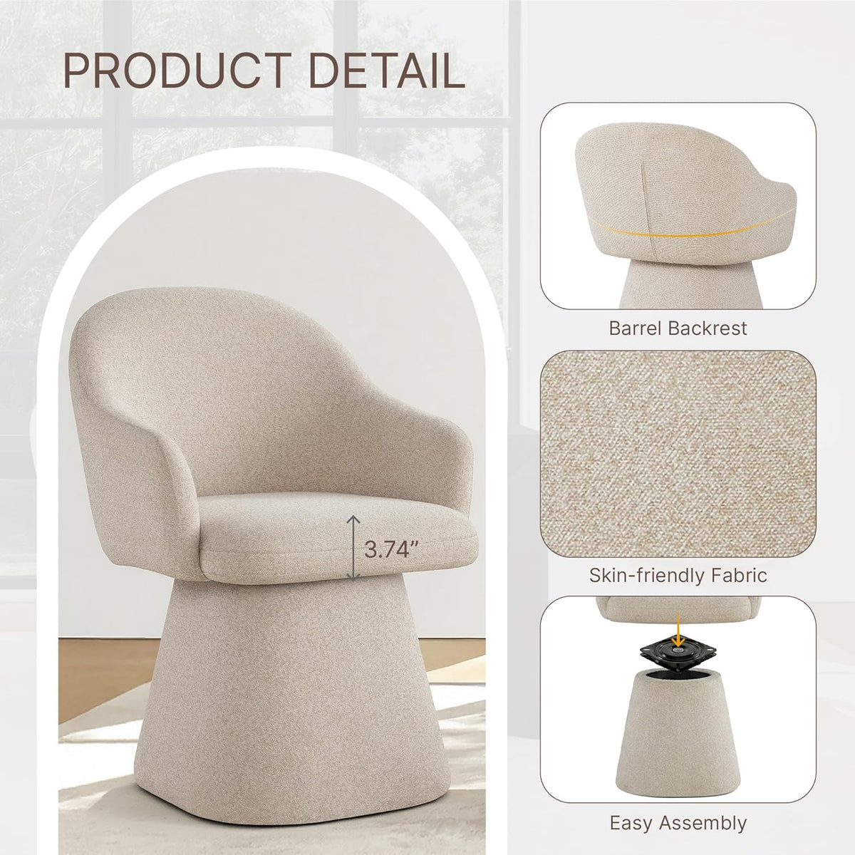 KISLOT Swivel Dining Chairs Set of 4, Upholstered Modern Barrel Dining Chairs with 360° Swivel Base, Chenille Velvet Fabric Accent Kitchen Chairs with Arms, Padded Dining Room Chairs, Sand