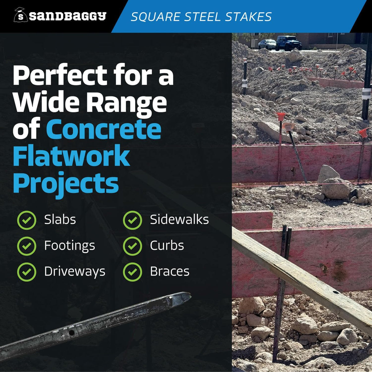 Sandbaggy Square Steel Concrete Form Stakes with Nail Holes - 5/8" Wide - Rust Resistant Coating - Removable, Reusable - Construction Grade Stakes (12 inch, 50)