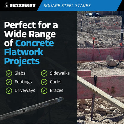 Sandbaggy 36" Square Steel Concrete Form Stakes with Nail Holes - 5/8" Wide - Rust Resistant Coating - Removable, Reusable - Construction Grade Stakes (300, 36 inch)