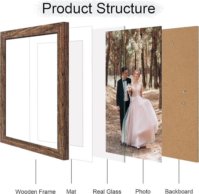 10x14 Picture Frame Set of 4 with Tempered Glass, Rustic Frame Display 8x12 Pictures with Mat or 10 x 14 Without Mat, Wooden Photo Frames for Wall Mounting