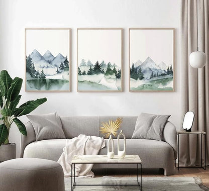 3 Pcs Modern Mountains Canvas Wall Art Green Watercolor Misty Pine Forest Nature Minimalism Abstract Landscape Painting Picture Wall Decor Poster Print Artwork for Living Room Bedroom Office Unframed