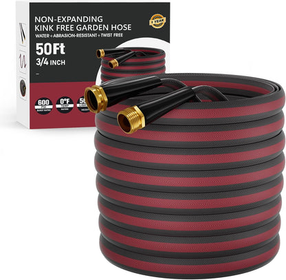 50ft Non-Expanding Garden Hose with 8-Layer Latex Core, Lightweight & Kink-Free, Flexible Heavy Duty Water Hose for Lawn, Yard, Car Washing (3/4" Solid Brass Fittings, Crush-Resistant)