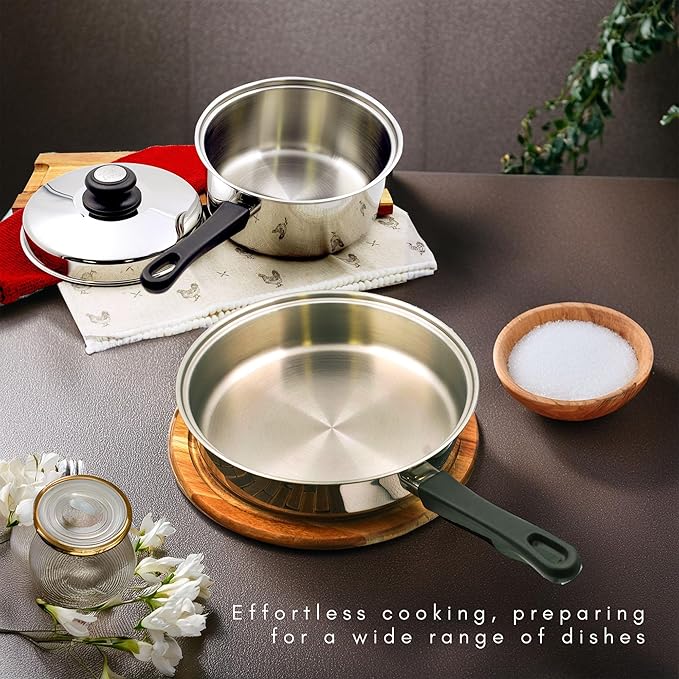 Lynns Saturn 7 Piece Cookware Set; Stainless Steel, PFTE & PFOA Free, Freezer to Oven Safe, Induction Compatible; 1QT & 2QT Saucepans, 5QT Dutch Oven, 10" Open Frypan