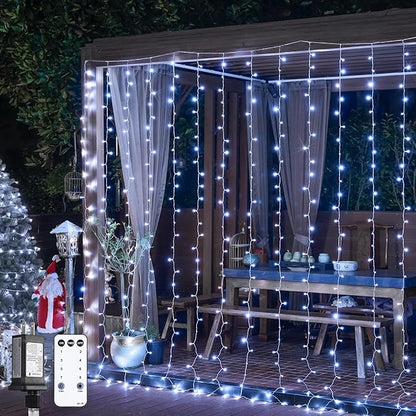 JMEXSUSS 900LED Christmas Curtain Lights, 9.5x29.5ft White Indoor/Outdoor Plug-in with Remote, Window Hanging String Lights for Bedroom, Wedding, Xmas Decoration