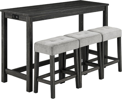 Bar Table Set with Power Outlet, 4 Piece Bar Table and Chairs Set, Industrial Breakfast Table Set, for Living Room/Dining Room/Game Room, Black+Gray
