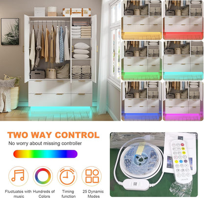 PAKASEPT Armoire Wardrobe Closet with 3 Door, Mirror, LED Lights | Hanging Rod, Drawers, Bedroom Armoires - Large Capacity Storage Wardrobe Armoire for Bedroom