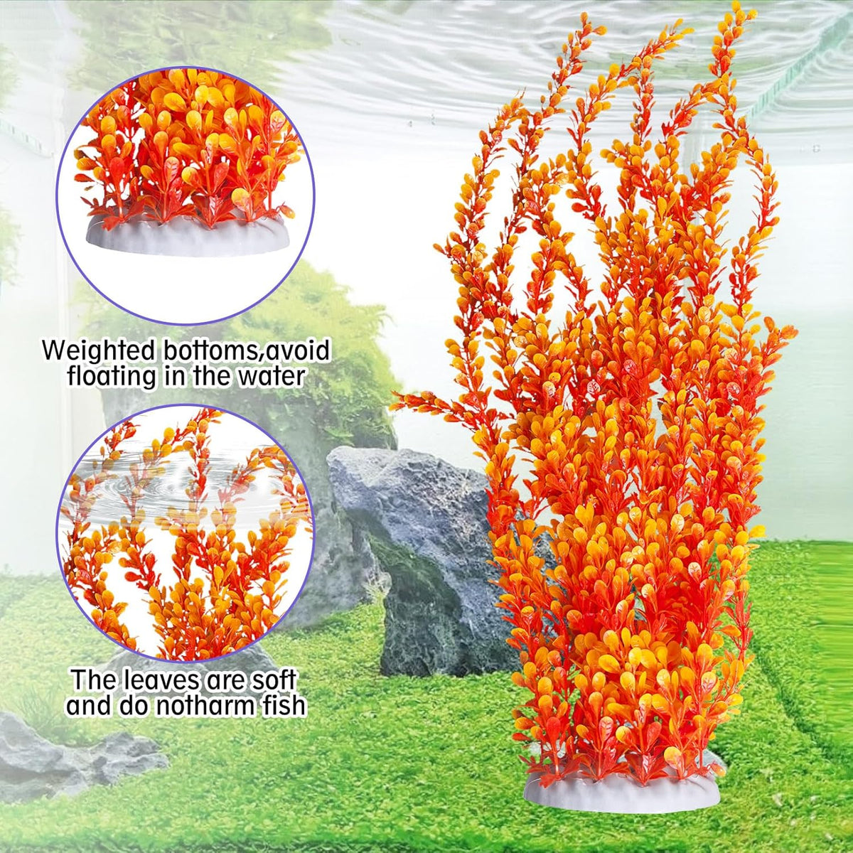 Hamiledyi Aquarium Plastic Plants Aquarium Decor Artificial Fish Tank Plants,Tall Fish Tank Decorations, Extra Large Aquarium Plant 23.6-inch Tall,2PCS（Orange Style B）