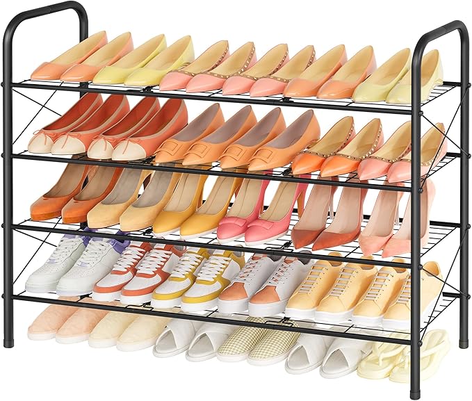 Hoctieon 4 Tier Mesh Style Shoe Rack, Entryway Shoe Shelf, Shoe Storage Organizer, Shoe Rack for Closet, Space Save for Bathroom, Garage, Hallway, Bedroom, Living Room, Black