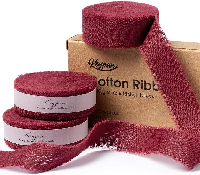 Burgundy Ribbon 5/8" x 21 Yards with Frayed Fringe Fabric Cotton Ribbons for Gift Wrapping Wedding Invitations Flower Bouquet Baby Shower
