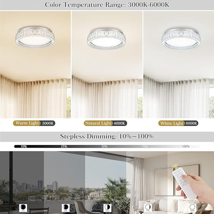 LamQee Crystal Flush Mount Ceiling Light Fixture, Dimmable LED Modern Close to Ceiling Light, Hallway Light Fixtures Round Chandelier for Bedroom Kitchen Bathroom Dining Living Room, Large, 21.65 inch