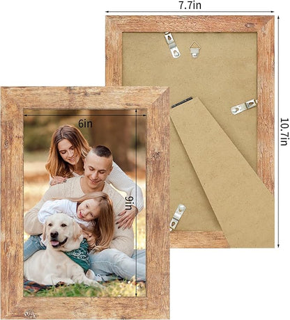 6x9 Picture Frame Set of 4, High Definition Real Glass Rustic Brown Frame, 6 x 9 Wood Photo Frames for Tabletop Display and Wall Mounting