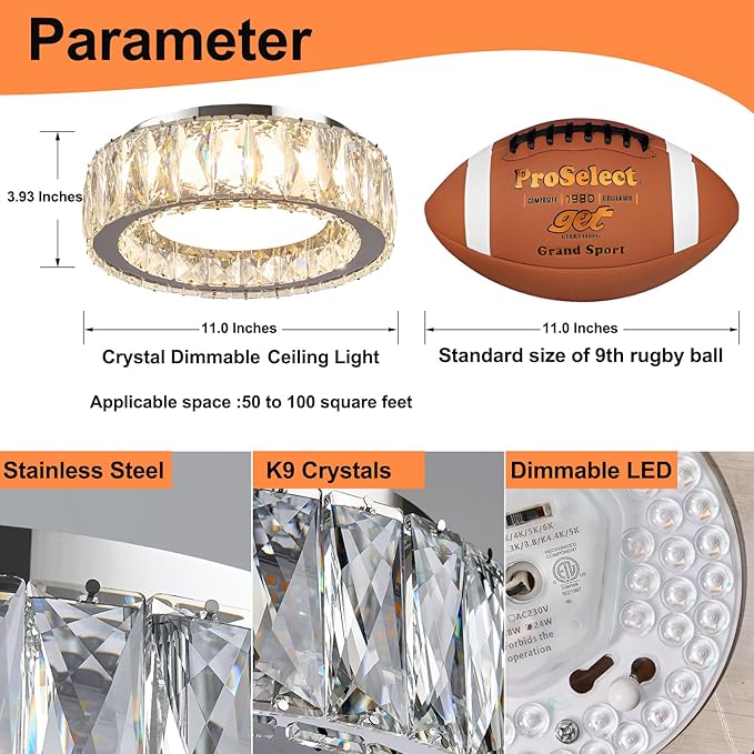 Dimmable Crystal Modern LED Flush Mount Ceiling Light,Chrome 11 Inch Small Chandelier 24W 5CCT 3000K-6000K Hallway Close to Ceiling Light Fixtures for Kitchen,Entryway,Laundry Room,Bedroom