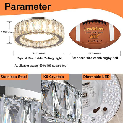 Dimmable Crystal Modern LED Flush Mount Ceiling Light,Chrome 11 Inch Small Chandelier 24W 5CCT 3000K-6000K Hallway Close to Ceiling Light Fixtures for Kitchen,Entryway,Laundry Room,Bedroom