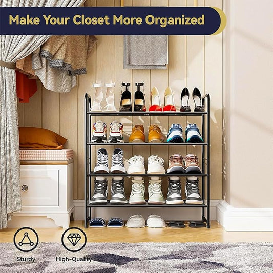 4-Tier 27” Wide Shoe Rack for Closet, Metal Stackable Shoe Shelf Organizer, Holds 14 Pairs, Black