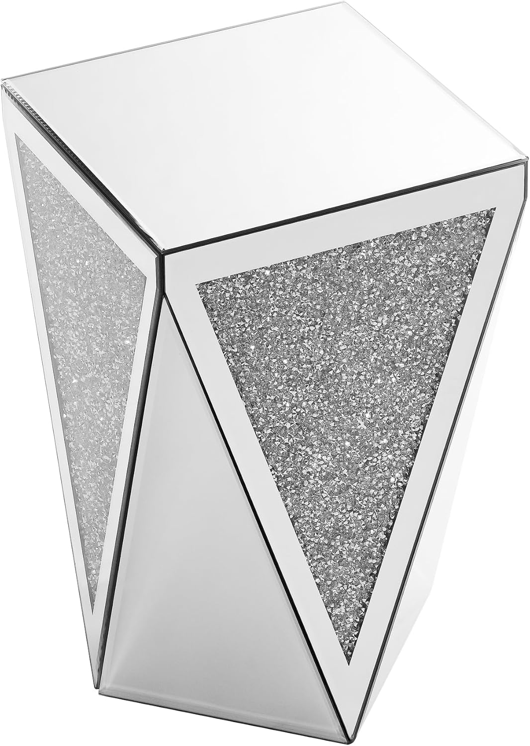 Henf Mirrored End Table Modern Inverted Triangular Side Table with Crystal Design Decorative Glass Accent Small Coffee Table Bedside Table for Home Decoration Crystal Diamond Bed Night Stand