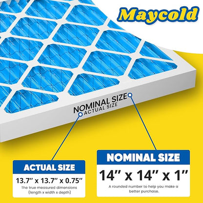 Maycold 14x14x1 MERV 11 Furnace Air Filter (6-Pack), High-Performance HVAC AC Filters for Home Use, Actual Size: 13.70” x 13.70” x 0.75”, Individually Wrapped in Plastic