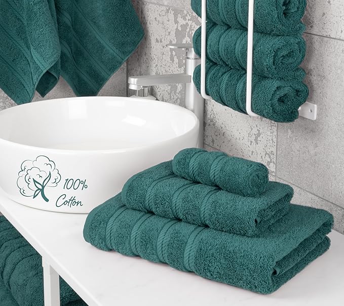 American Soft Linen Premium 3 Piece Towel Set, 1 Bath Towel 1 Hand Towel 1 Washcloth, 600 GSM 100% Cotton Turkish Towels for Bathroom, Teal Towel Set
