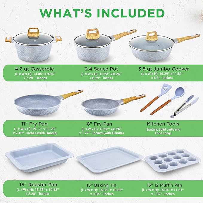Nutrichef 22-Piece Cookware and Bakeware Set | Professional Home Kitchen Collection with Multi-Sized Pots, Pans, Non stick and Heat-Resistant Tools (Moon Grey Marble)