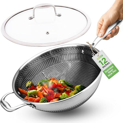 NutriChef 12" Stainless Steel Wok - Induction ready, Non Stick Tri-ply technology, Scratch-resistant Honeycomb Fire Textured Pattern