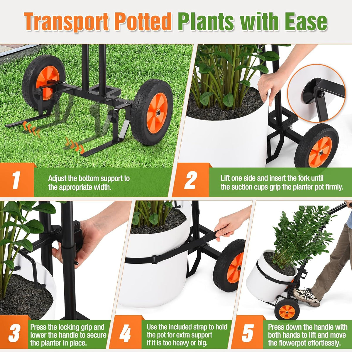 Plant Caddy with Wheels, Heavy Duty Plant Dolly Cart with Adjustable Grabbing Arm and Suction Cups for Plant Pots, Garden Pot Mover Trolley Cart with Strap, Ideal for Indoor and Outdoor Use, Black