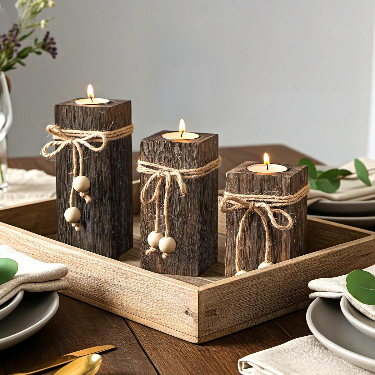 MelonBoat Rustic Wood Candle Holders: Farmhouse Candle Holders with Battery Operated Candles，Rustic Farmhouse Decor, Flameless LED Candles 3-Pack for Living Room Party Holiday Home Decor