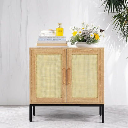 Buffet Cabinet with Storage, Storage Cabinet with Rattan Decor Doors, Accent Sideboard Bufft with Solid Wooden Feet, for Living Room, Hallway, Kitchen, Buffet Table
