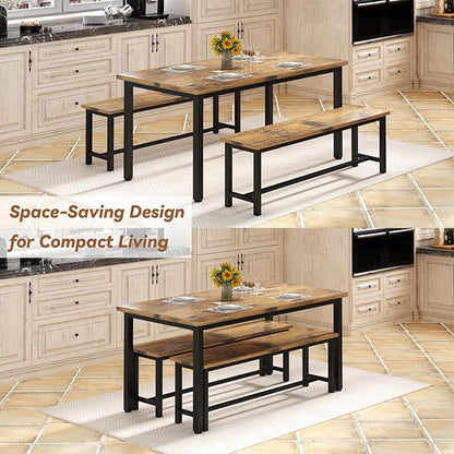 Recaceik Dining Table Set for 4 Kitchen Dining Room Set with 2 Dinner Benches, Farmhouse Breakfast Table for Apartment Small Space, Easy Assembly
