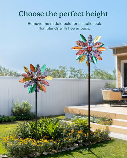 Solar Garden Wind Spinners with Light, Metal Yard Wind Spinners with Stake for Outdoor Lawn Decor (20" W x 77" H)