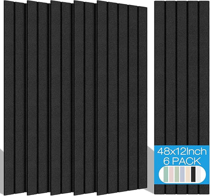 BUBOS 6 Pack Large Acoustic Panels,48x12Inch SoundProof Panels for Walls,Self Adhesive Acoustic Wall Panels,Decorative Sound Panels for Home Studio Office (Black 01)