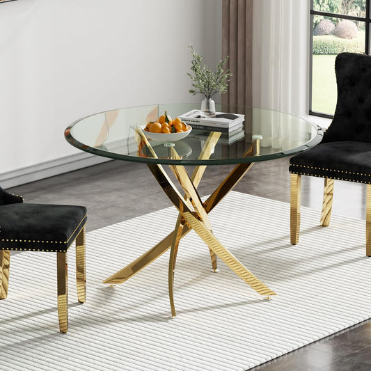 36" Glass Dining Table for 2-4, Modern Dining Room Table with 0.39" Tempered Glass Top and Cross X-Shaped Gold Stainless Steel Base, Round Kitchen Dinner Table for Dining Room