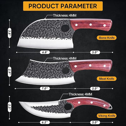 Butcher Knife Set, 3PCS Hand Forged Meat Cleaver, Sharp Serbian Chef Knife & Kitchen Knives & Viking Knives Set for Meat Cutting, Boning Knives for Home、Camping、BBQ Gifts Idea Men