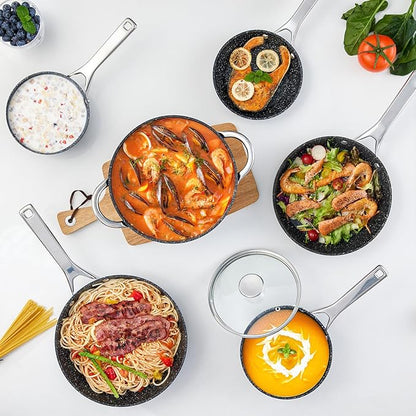 Induction Cookware Nonstick, BEZIA Pots and Pans Set for Induction Cooktop, Compatible with All Stoves, Dishwasher Safe Kitchen Cooking Pan Set with Frying Pans, Saucepans & Stockpot, 10-Piece (Black)
