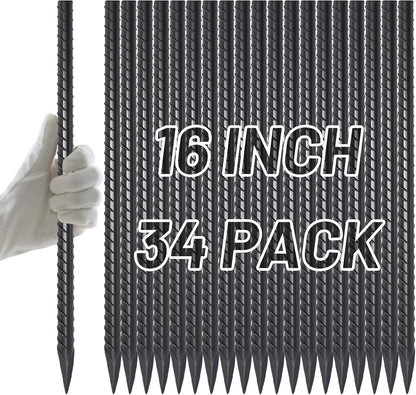 AAGUT Rebar Stakes 16 inch (34pcs) Heavy Duty 3/8” Ground Anchors Steel Garden Stakes Metal Straight Camping Tent Spikes with Chisel Point End for Hard Soil, Black Powder Coated