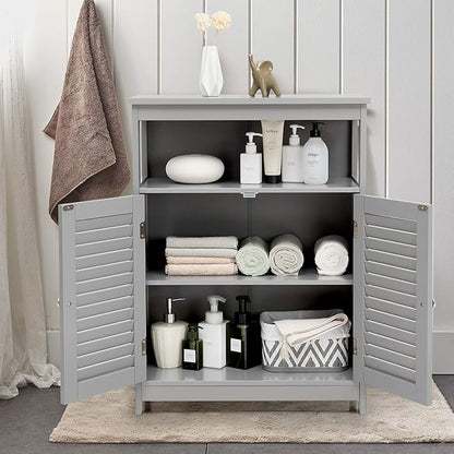 Tangkula Bathroom Floor Cabinet, Wooden Freestanding Storage Cabinet with Double Shutter Door & Adjustable Shelf, Storage Cabinet for Bathroom Living Room (Grey)