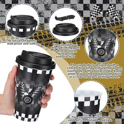 Yungyan 24 Sets Checkered Flag Party Favors Goodie Cups with Lids and Straws for Birthday Decorations Reusable 16oz Plastic Candy Cups Plastic Straws for Birthday Party (Checkered Flag)
