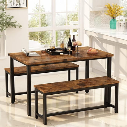 AWQM Dining Room Table Set, Kitchen Table Set with 2 Benches, Ideal for Home, Kitchen and Dining Room, Breakfast Table of 47.2x28.7x28.7 inches, Benches of 40.5x11.0x17.7 inches, Rustic Brown