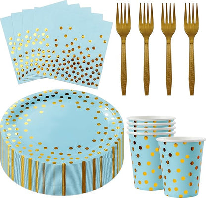 Sveikie160 Pcs blue And Gold Paper Plates, Birthday Cake Party Plates And Napkins, Wedding Disposable Utensils For Birthday Graduation Wedding And Holiday Celebrations Serves 40 (blue)