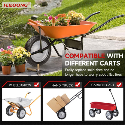 4.80/4.00-8 Tire, 14.5" Flat Free Wheelbarrow Tire and Wheel, 5/8" 3/4" Bearings Solid Replacement Tires, 3" -7" Centered Hub, Universal Fit 4.80/4.00-8, 3.50/3.00-8, 4.00-6, 2 Pack