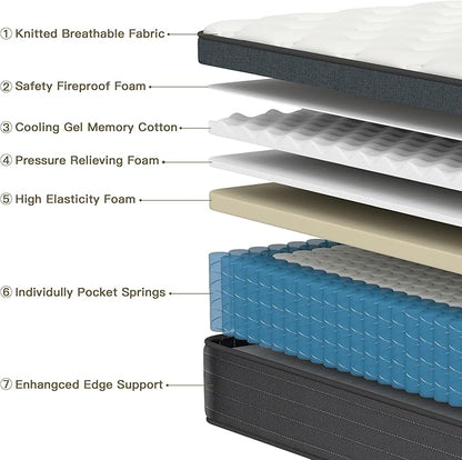 Queen Mattress,12 Inch Gel Memory Foam Hybrid Queen Size Mattresses in a Box, Medium Firm Feel Individual Pocket Springs Matress, Breathable Fabric, Strong Edge Support, Fiberglass Free