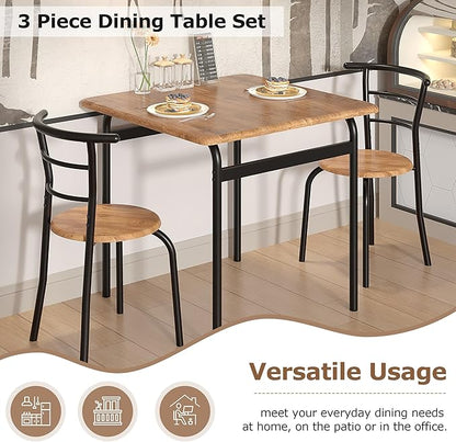 VECELO 3 Piece Dining Table & Chairs Set for 2, Metal and Wooden Square Kitchen Dinette Set for Small Space, Breakfast Nook, Saving Space, Brown