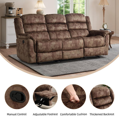 EBELLO Reclining Sofa for Living Room, Extra Wide Modern Overstuffed 3 Seat Recliner Manual Sofa Chair, Breathable Soft Fabric and Padded Seat, Brown