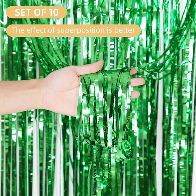 10 Pack Green Foil Curtain Backdrop 3.2ft x 9.8ft Metallic Tinsel Foil Fringe Curtains Streamer Photo Booth Backdrop for Birthday Party Engagement Bachelorette Party Decorations (Green)