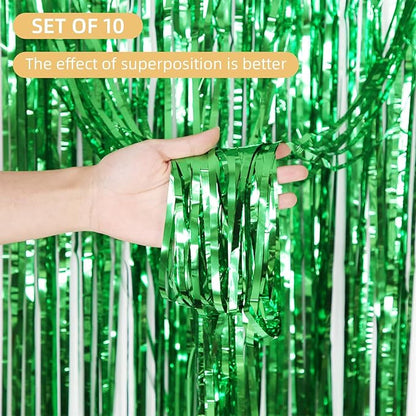 10 Pack Green Foil Curtain Backdrop 3.2ft x 9.8ft Metallic Tinsel Foil Fringe Curtains Streamer Photo Booth Backdrop for Birthday Party Engagement Bachelorette Party Decorations (Green)