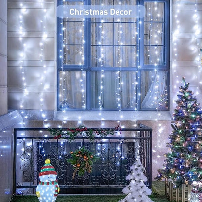 JMEXSUSS 900LED Christmas Curtain Lights, 9.5x29.5ft White Indoor/Outdoor Plug-in with Remote, Window Hanging String Lights for Bedroom, Wedding, Xmas Decoration