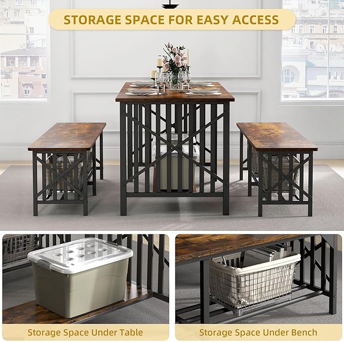 DWVO 3-Piece Dining Table Set for 4-6 People, 63" Dining Room Table with 2 Benches, Industrial Rectangular Dining Room Table Set with Storage for Kitchen, Dining Room, Rustic Brown