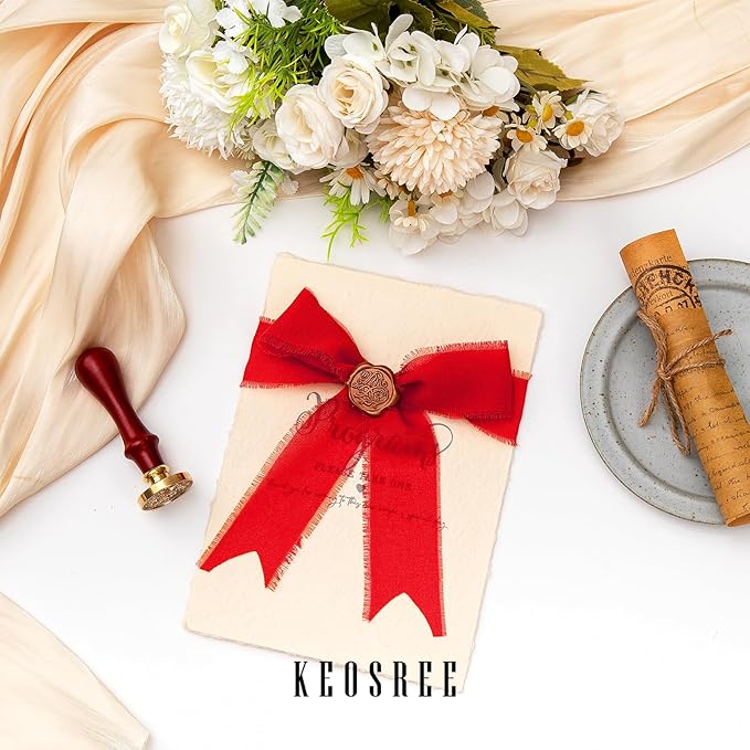 3 Rolls Red Handmade Chiffon Ribbon,1.5" x 21Yd Frayed Fringe Silk Ribbons (3 Rolls *7Yd) for Gifts Wrapping, Wedding Invitations, Bridal Bouquets, Decorations