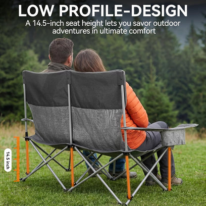 Huskfirm Low Camping Chair Lightweight Double Camping Chair Heavy Duty 2 Person Camping Chair with Cup Holders Padded High Back Camping Loveseat Supports 500 LBS-Grey